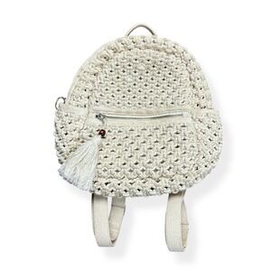 Sigrid Olsen Boho Macrame Backpack Bag Purse White Ivory Straps Beaded Tassel